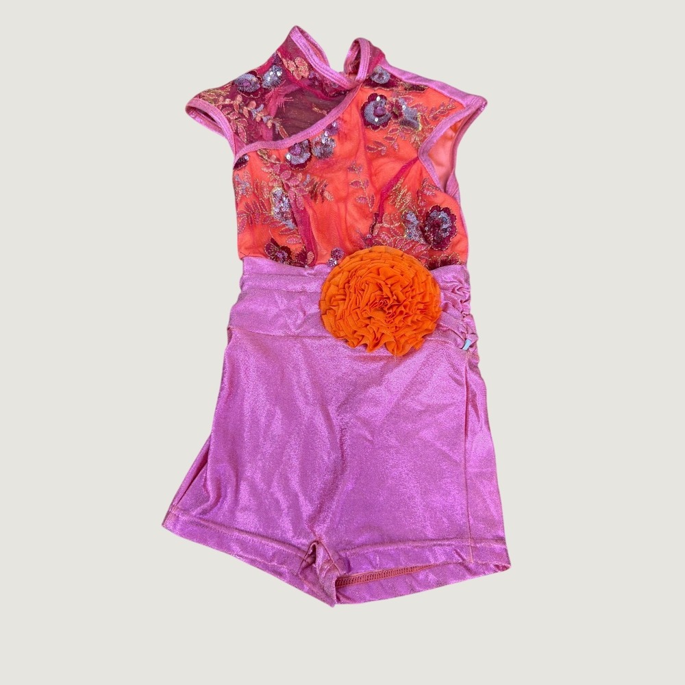 Orange Pink Sequin Floral Dance Costume Romper with Removable Tutu CXS E1340‎